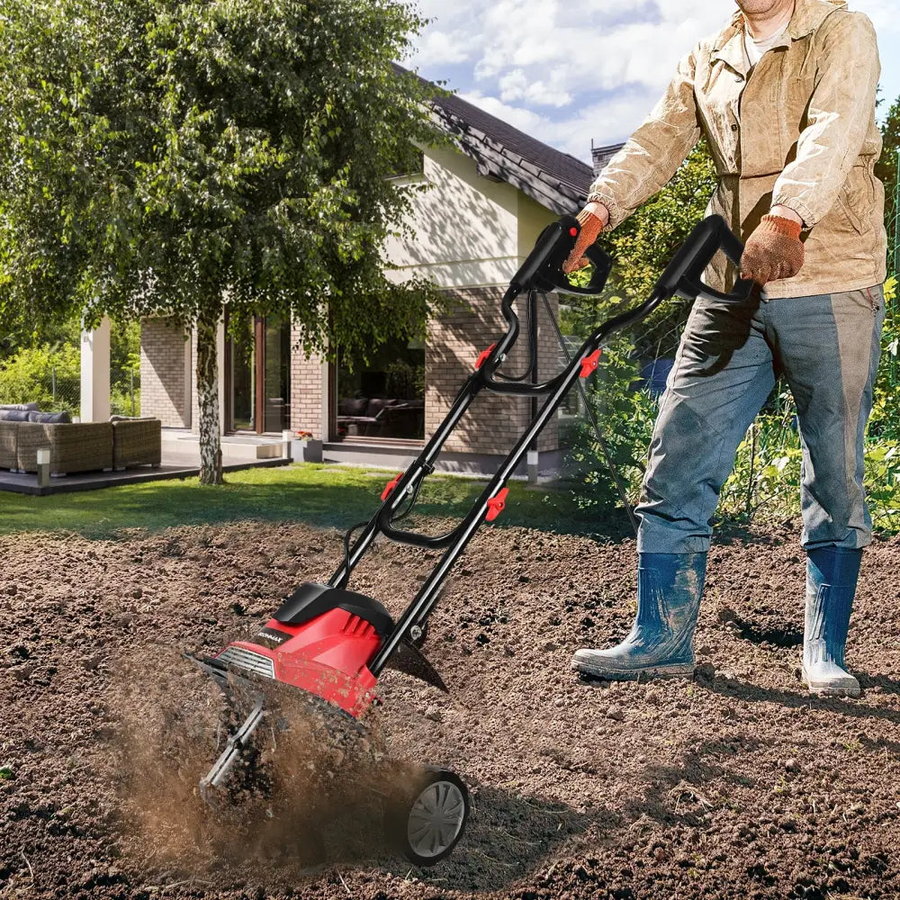 14-Inch 10 Amp Corded Electric Tiller and Cultivator 9-Inch Tilling Depth - Black & Red - Garden Tools