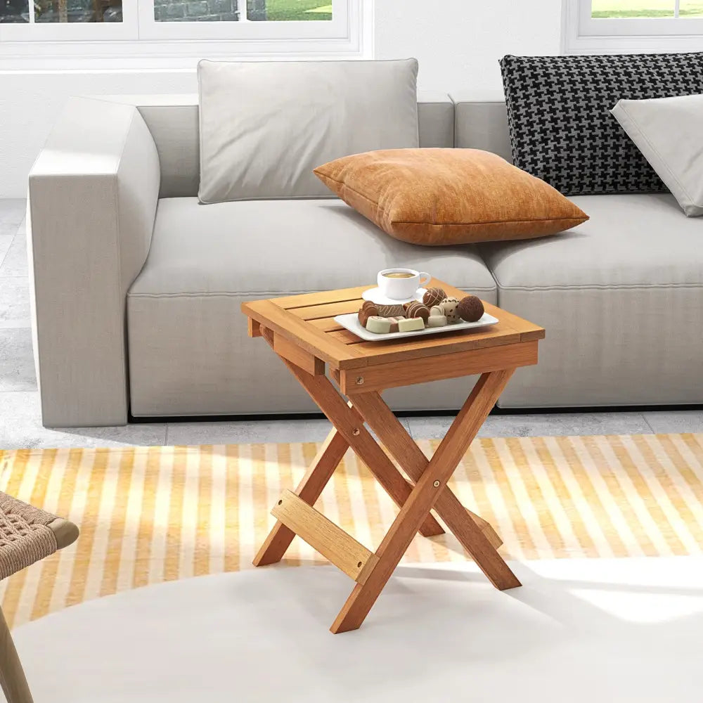 14 Inch Compact Folding Side Table with Slatted Tabletop - Natural - Patio Coffee Tables