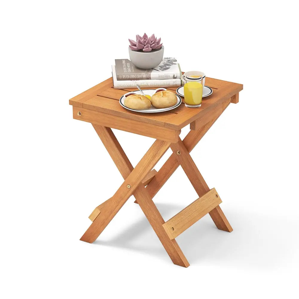 14 Inch Compact Folding Side Table with Slatted Tabletop - Natural - Patio Coffee Tables