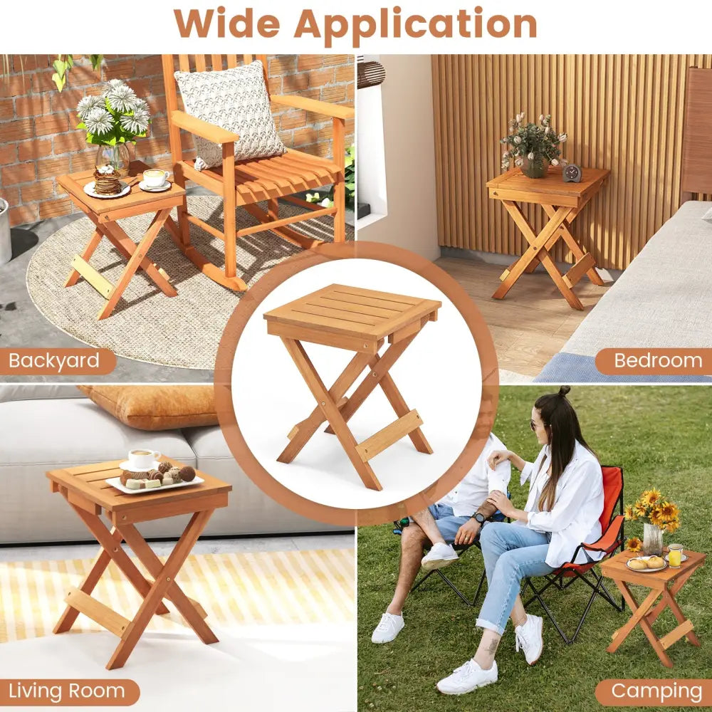 14 Inch Compact Folding Side Table with Slatted Tabletop - Natural - Patio Coffee Tables
