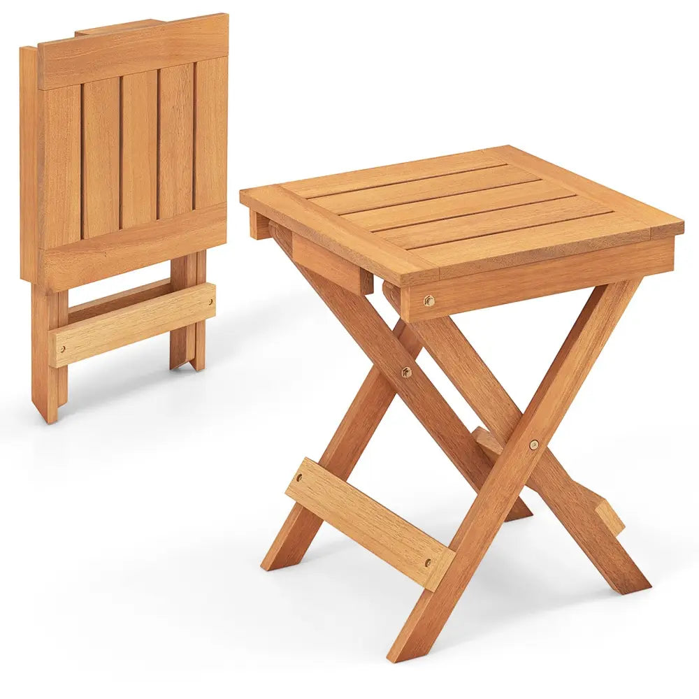 14 Inch Compact Folding Side Table with Slatted Tabletop - Natural - Patio Coffee Tables