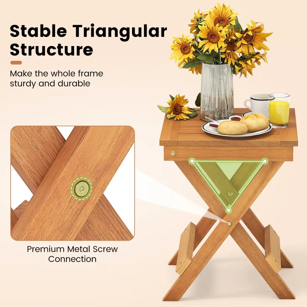 14 Inch Compact Folding Side Table with Slatted Tabletop - Natural - Patio Coffee Tables