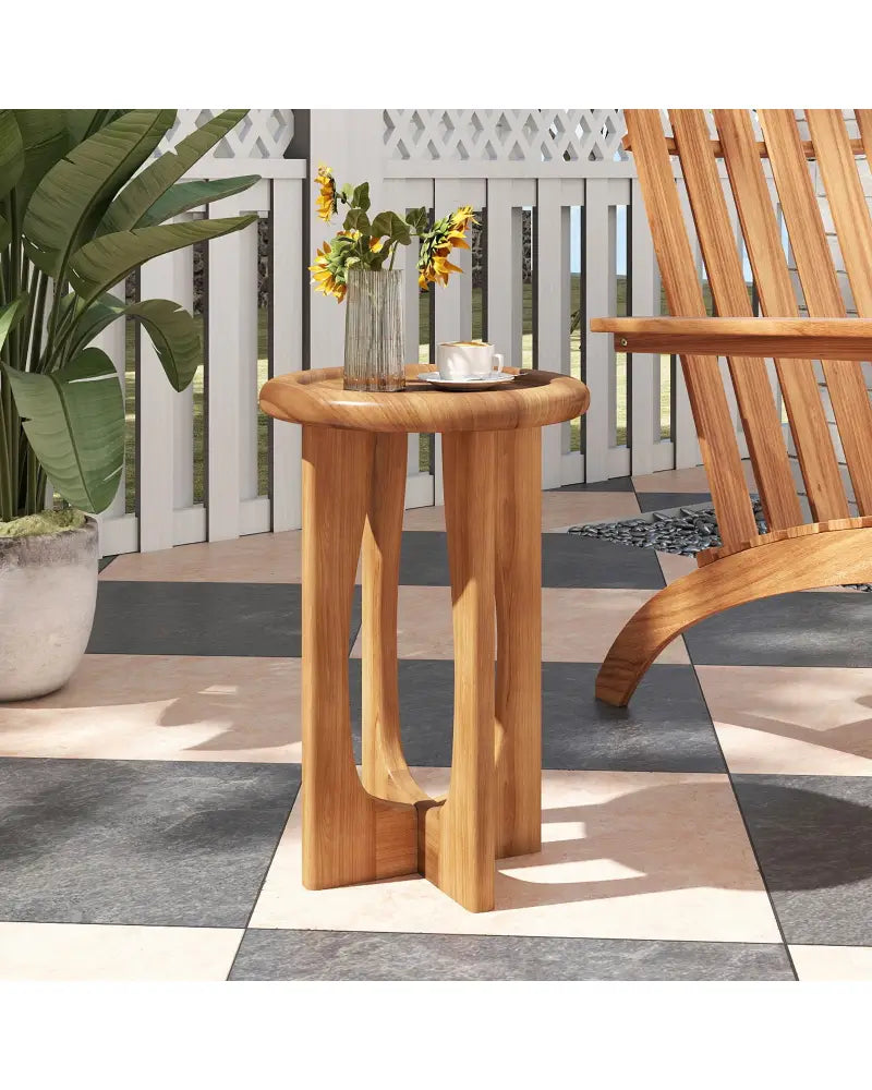 14 Inch Farmhouse End Table with Round Tray Top and Wood Cross Legs - Natural - End & Side Tables