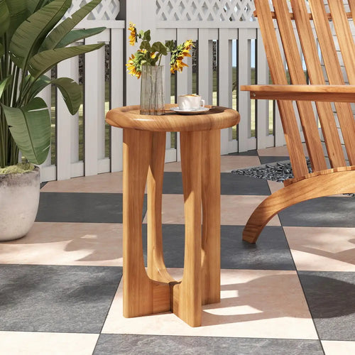 14 Inch Farmhouse End Table with Round Tray Top and Wood Cross Legs - Natural - End & Side Tables