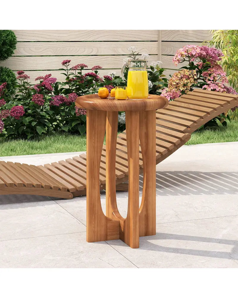 14 Inch Farmhouse End Table with Round Tray Top and Wood Cross Legs - Natural - End & Side Tables