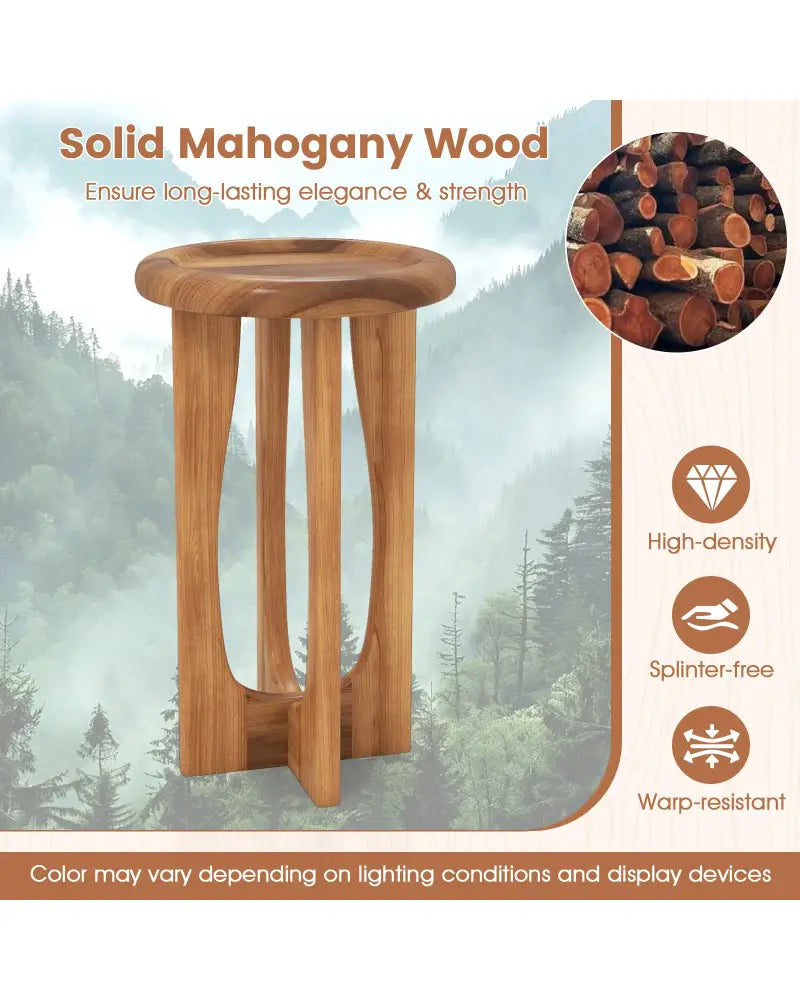 14 Inch Farmhouse End Table with Round Tray Top and Wood Cross Legs - Natural - End & Side Tables