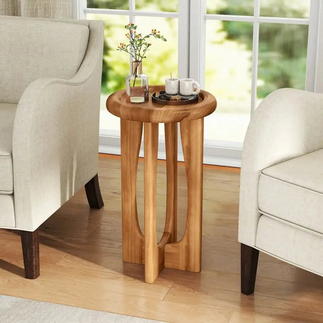 14 Inch Farmhouse End Table with Round Tray Top and Wood Cross Legs Costway