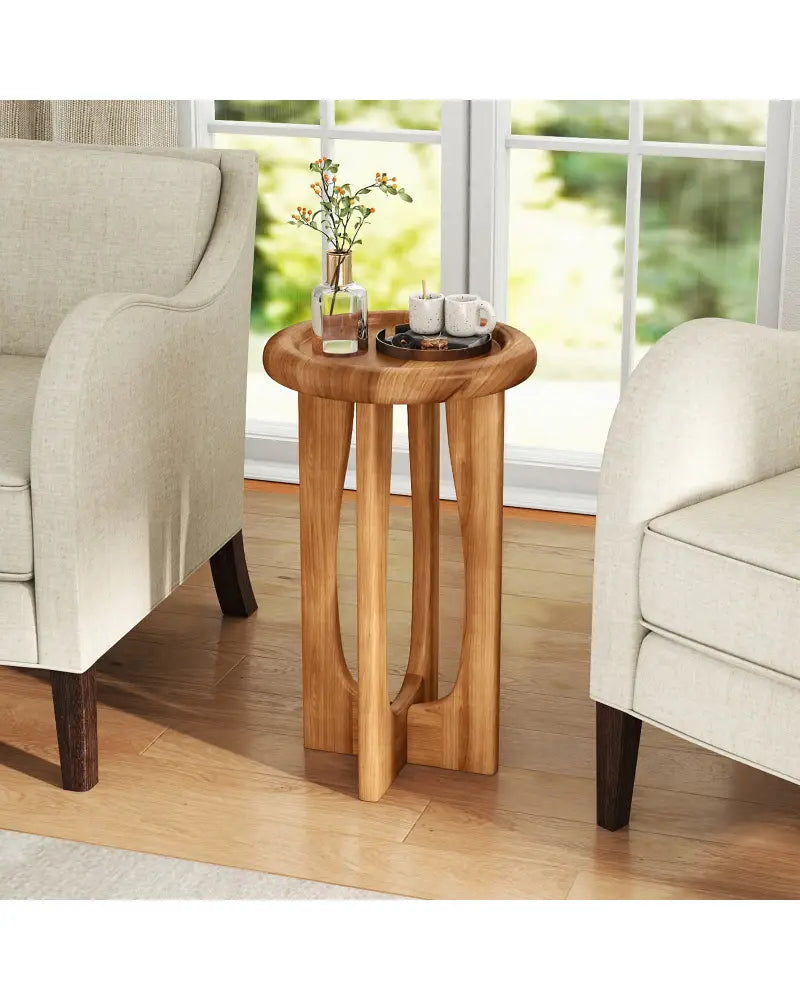 14 Inch Farmhouse End Table with Round Tray Top and Wood Cross Legs - Natural - End & Side Tables