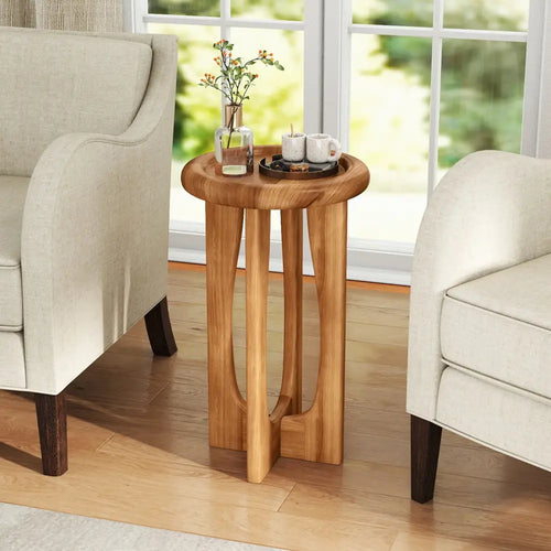 14 Inch Farmhouse End Table with Round Tray Top and Wood Cross Legs - Natural - End & Side Tables