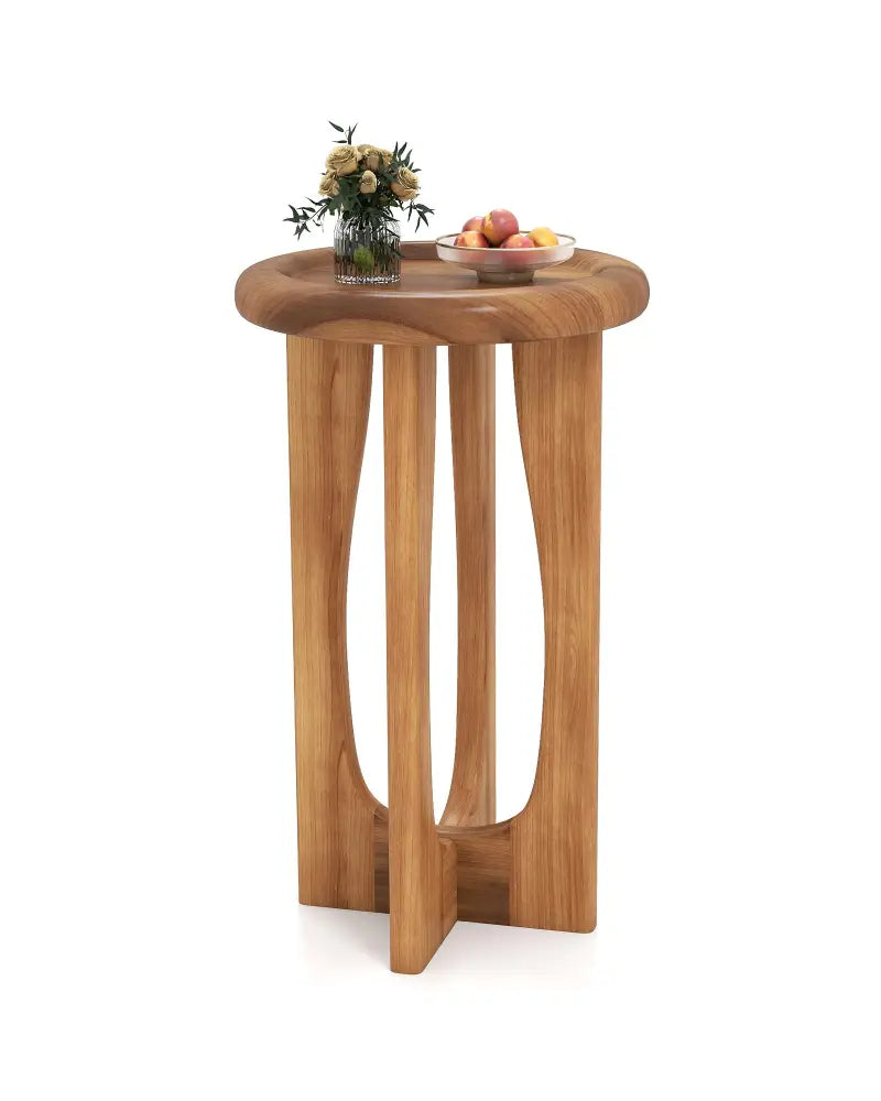 14 Inch Farmhouse End Table with Round Tray Top and Wood Cross Legs - Natural - End & Side Tables