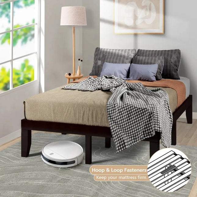 14 Inch Full Size Wood Platform Bed Frame with Wood Slat Support-Brown Costway