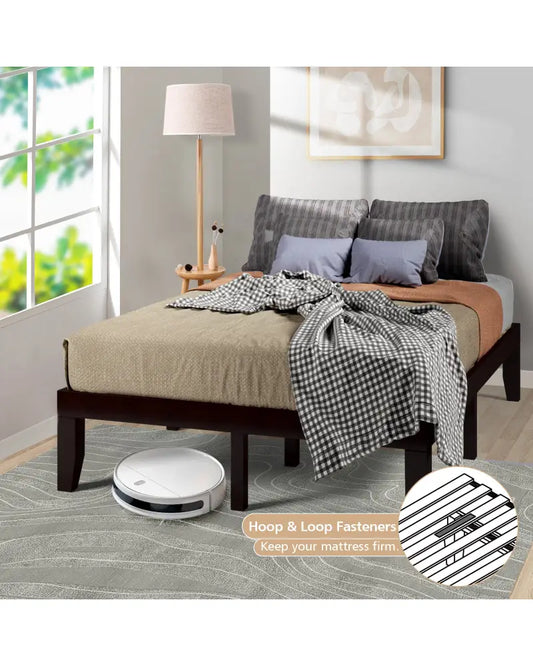14 Inch Full Size Wood Platform Bed Frame with Wood Slat Support-Brown - Brown - Simple Bed Frame