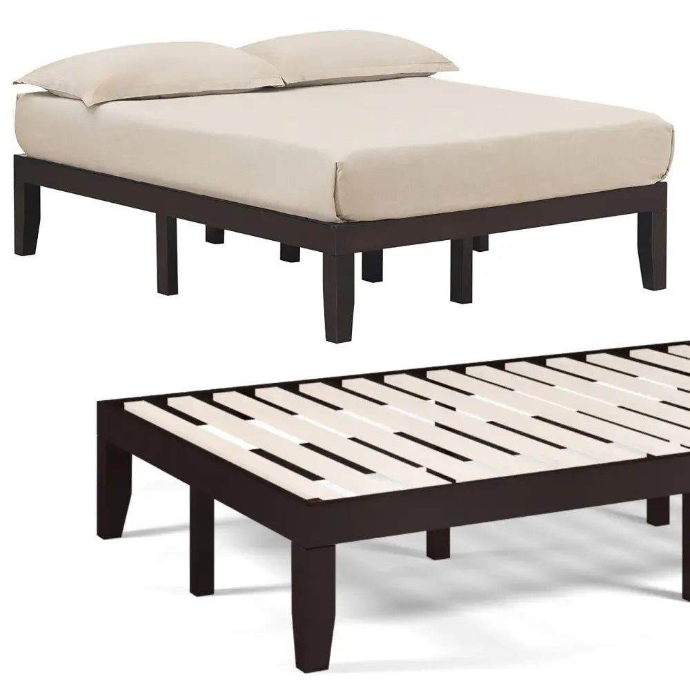 14 Inch Full Size Wood Platform Bed Frame with Wood Slat Support-Brown - Brown - Simple Bed Frame