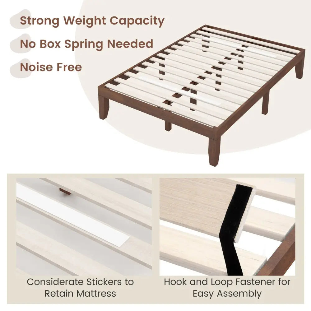 14 Inch Full Size Wood Platform Bed Frame with Wood Slat Support-Coffee - Coffee - Simple Bed Frame