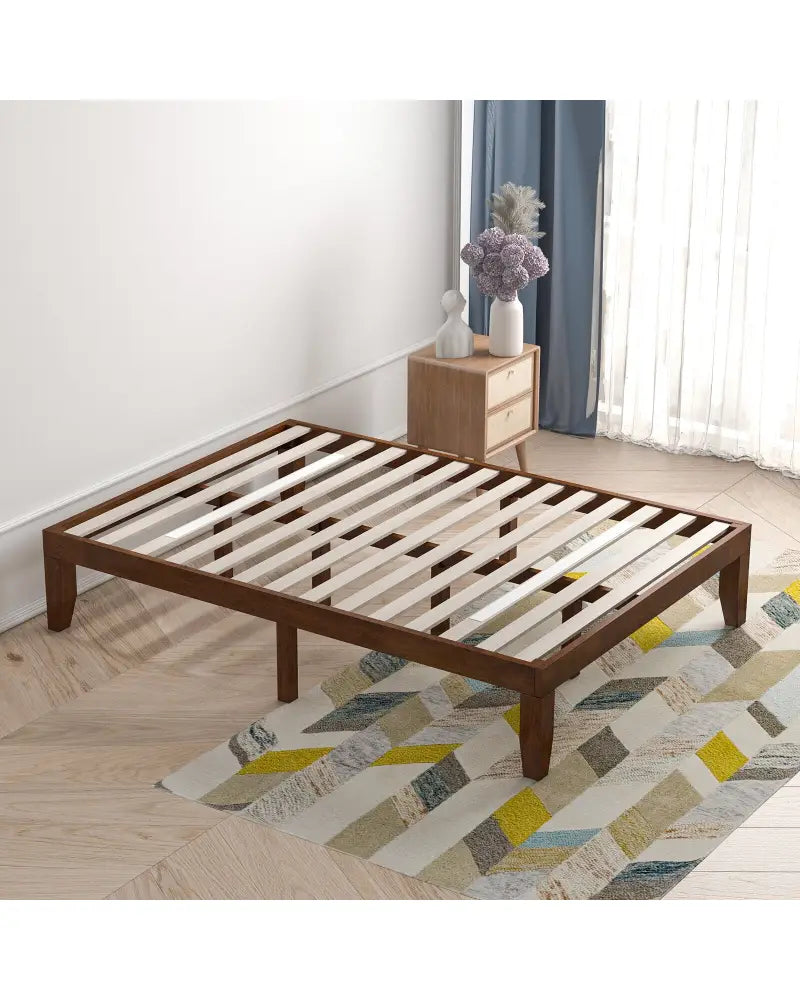 14 Inch Full Size Wood Platform Bed Frame with Wood Slat Support-Coffee - Coffee - Simple Bed Frame