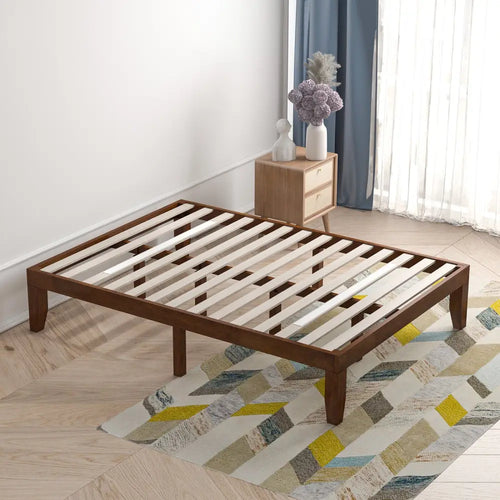 14 Inch Full Size Wood Platform Bed Frame with Wood Slat Support-Coffee - Coffee - Simple Bed Frame