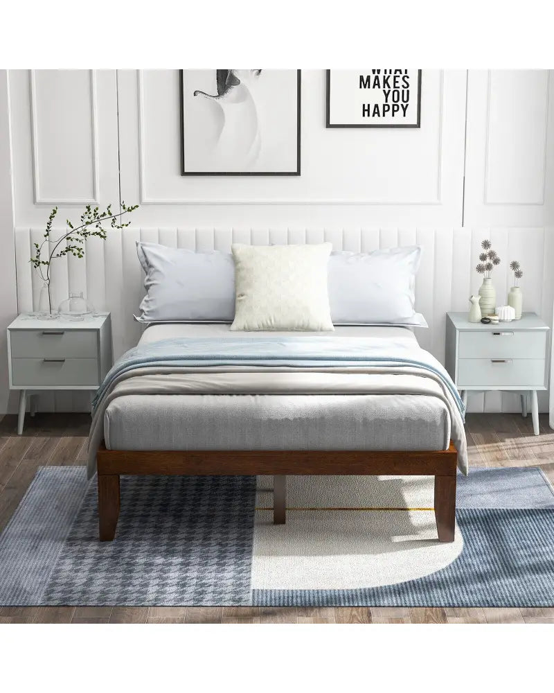 14 Inch Full Size Wood Platform Bed Frame with Wood Slat Support-Coffee - Coffee - Simple Bed Frame