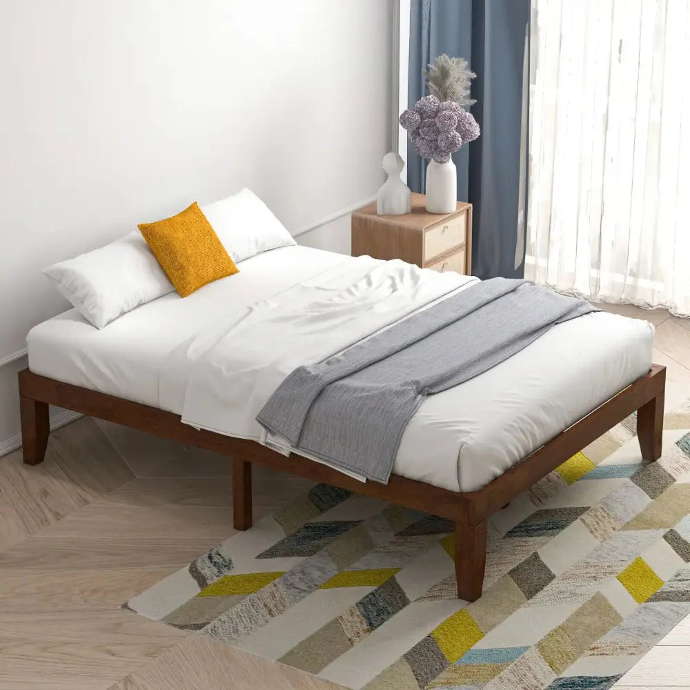 14 Inch Full Size Wood Platform Bed Frame with Wood Slat Support-Coffee Costway
