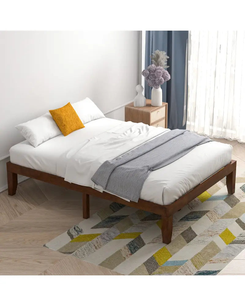 14 Inch Full Size Wood Platform Bed Frame with Wood Slat Support-Coffee - Coffee - Simple Bed Frame