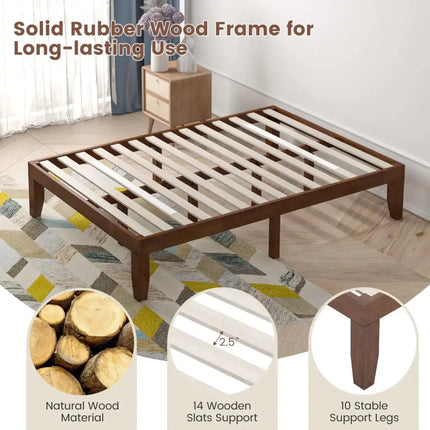14 Inch Full Size Wood Platform Bed Frame with Wood Slat Support-Coffee Costway