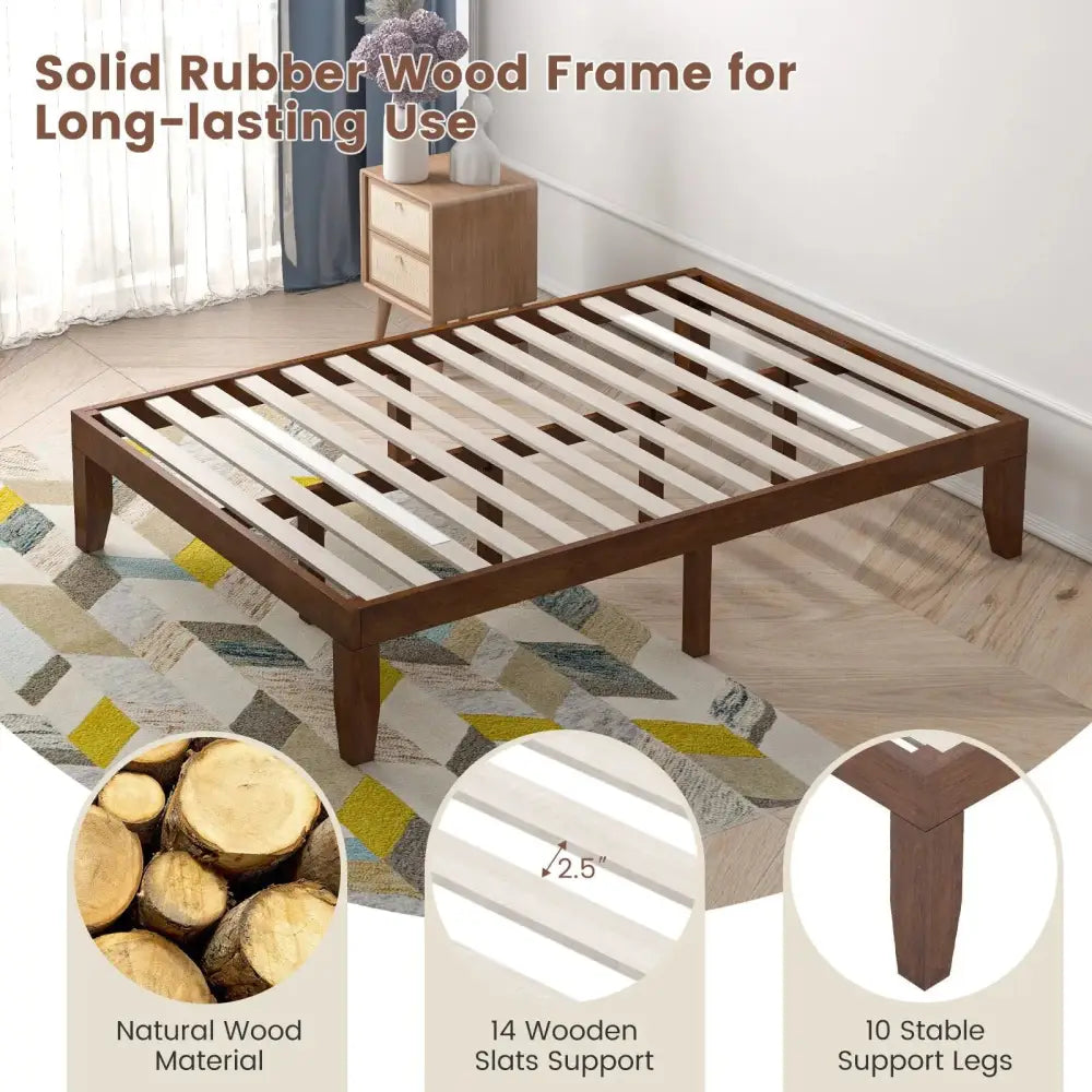 14 Inch Full Size Wood Platform Bed Frame with Wood Slat Support-Coffee Costway