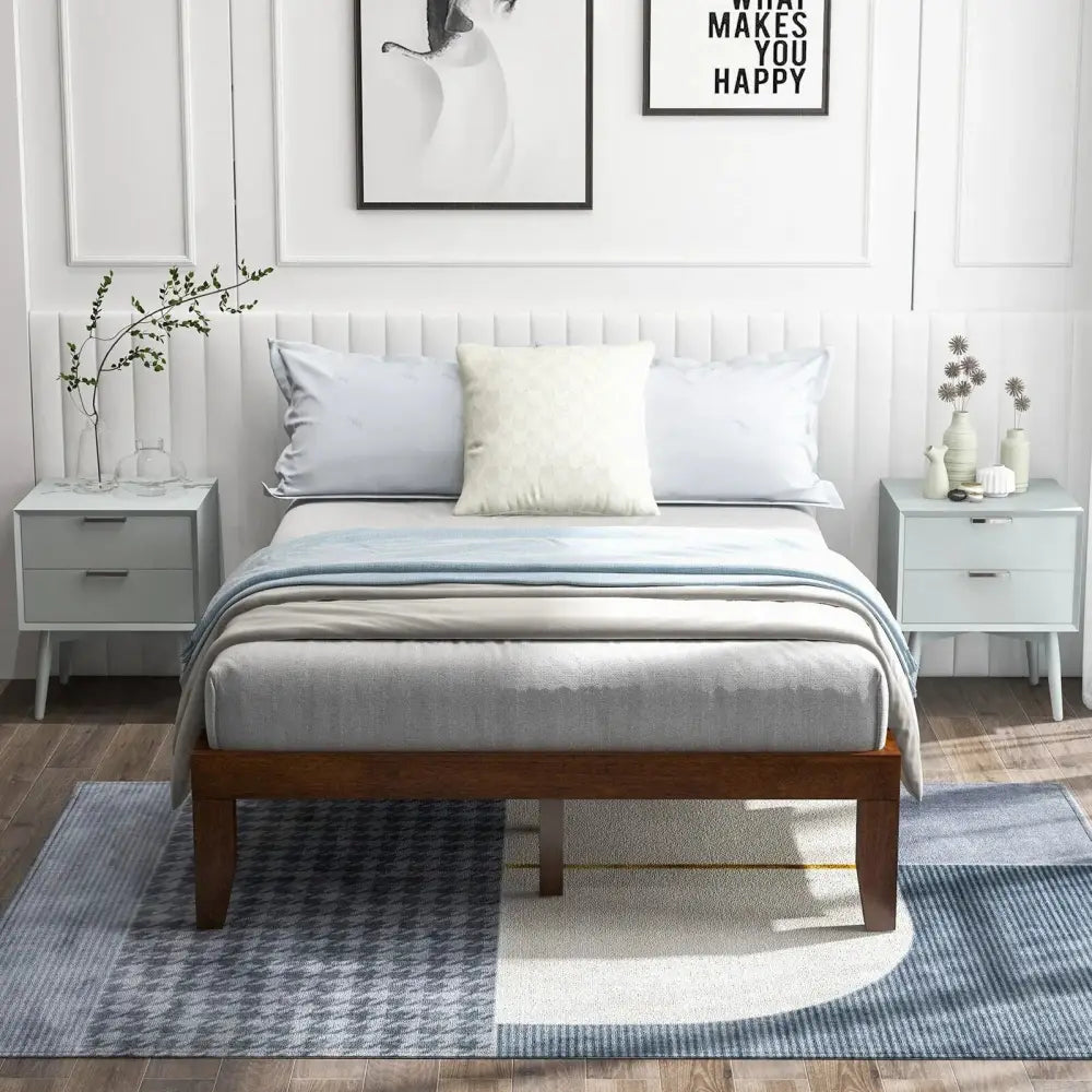 14 Inch Full Size Wood Platform Bed Frame with Wood Slat Support-Coffee Costway
