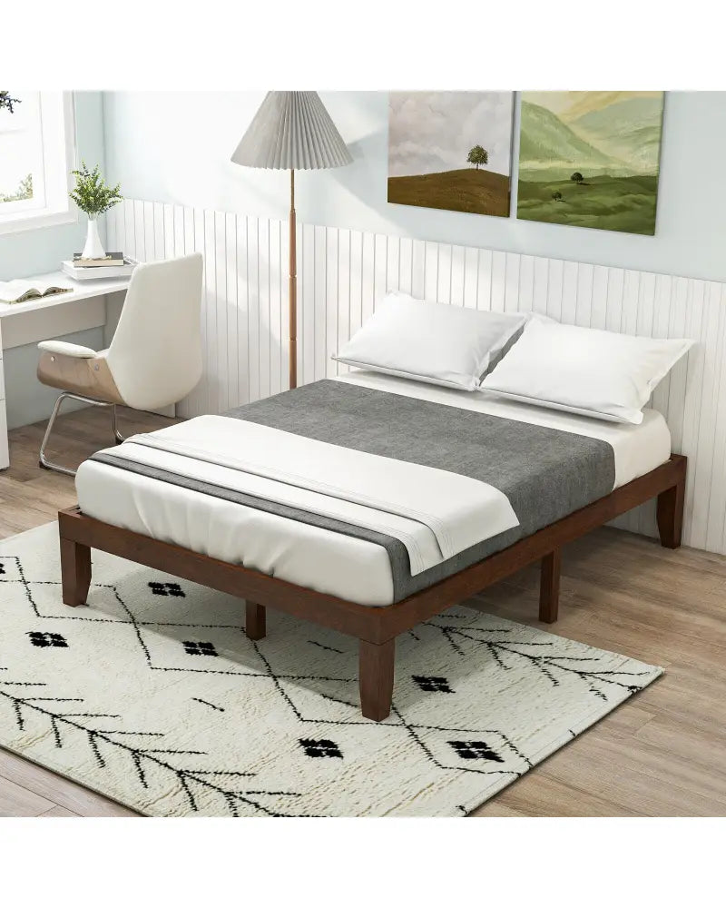 14 Inch Full Size Wood Platform Bed Frame with Wood Slat Support-Coffee - Coffee - Simple Bed Frame