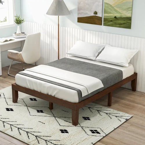 14 Inch Full Size Wood Platform Bed Frame with Wood Slat Support-Coffee - Coffee - Simple Bed Frame