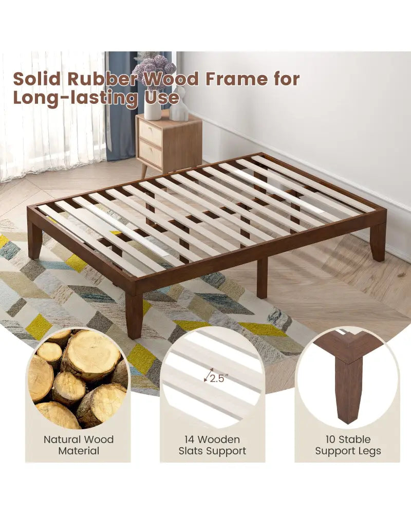 14 Inch Full Size Wood Platform Bed Frame with Wood Slat Support-Coffee - Coffee - Simple Bed Frame