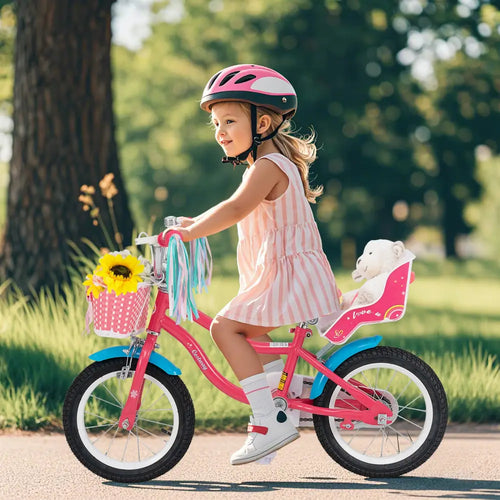 14 Inch Girls Bike for 3-5 Years Old Kids Bike with Doll Seat and Training Wheels - Pink - Kids Bike