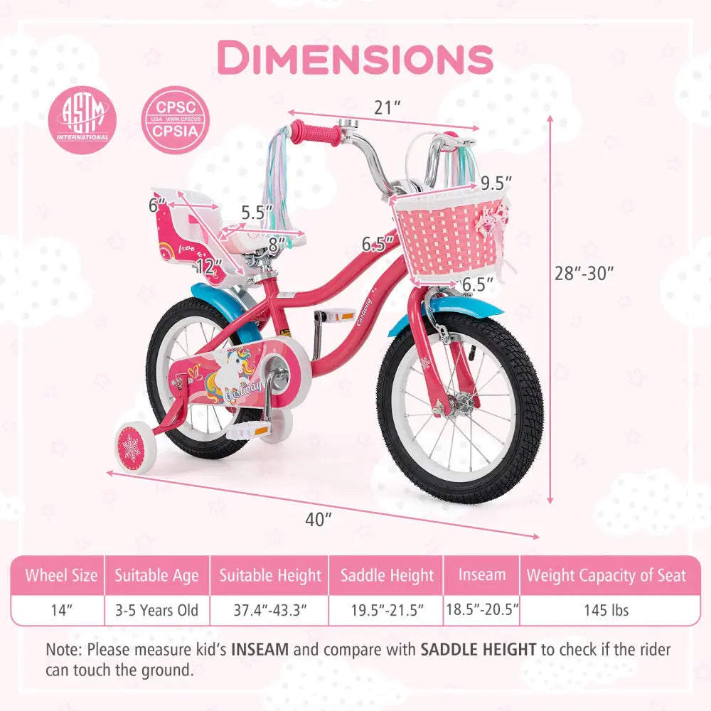 14 Inch Girls Bike for 3-5 Years Old Kids Bike with Doll Seat and Training Wheels - Pink - Kids Bike