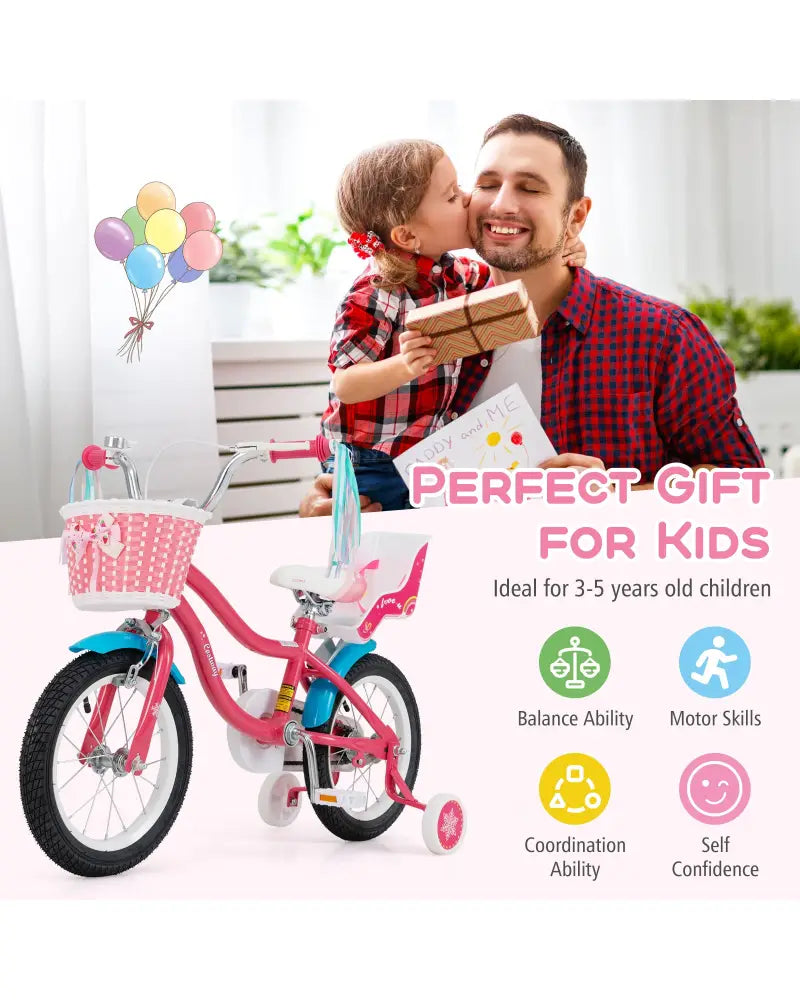 14 Inch Girls Bike for 3-5 Years Old Kids Bike with Doll Seat and Training Wheels - Pink - Kids Bike
