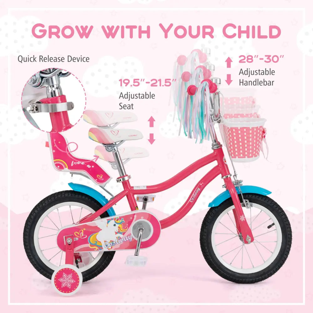 14 Inch Girls Bike for 3-5 Years Old Kids Bike with Doll Seat and Training Wheels - Pink - Kids Bike