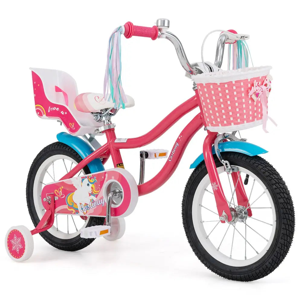 14 Inch Girls Bike for 3-5 Years Old Kids Bike with Doll Seat and Training Wheels - Pink - Kids Bike