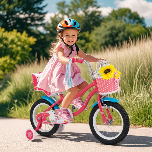 14 Inch Girls Bike for 3-5 Years Old Kids Bike with Doll Seat and Training Wheels - Pink - Kids Bike