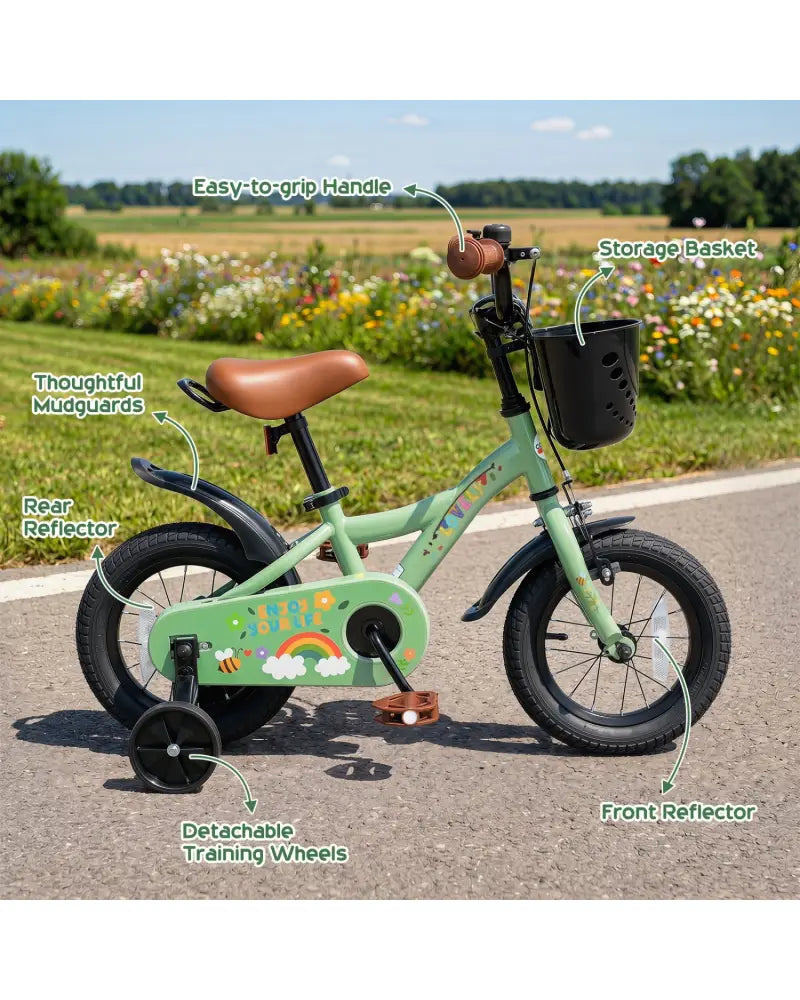14 Inch Girls Bike for 3-5 Years Old with Basket - Spring Party Green - Green - Kids Bike