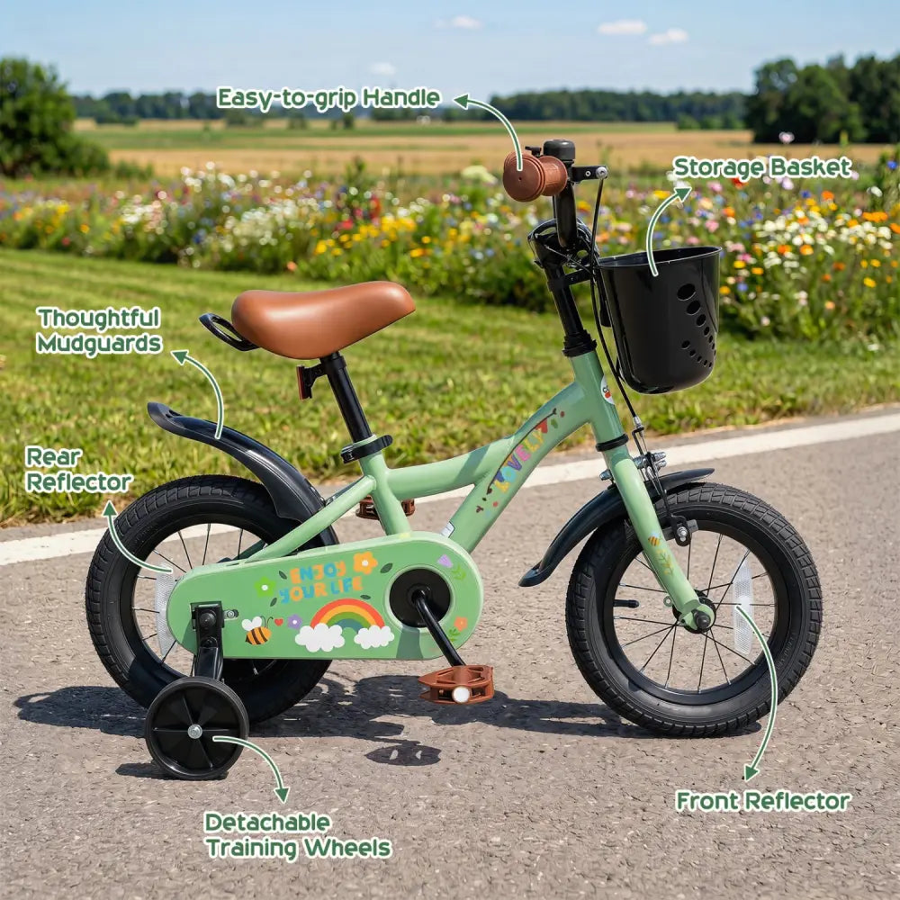 14 Inch Girls Bike for 3-5 Years Old with Basket - Spring Party Green - Green - Kids Bike