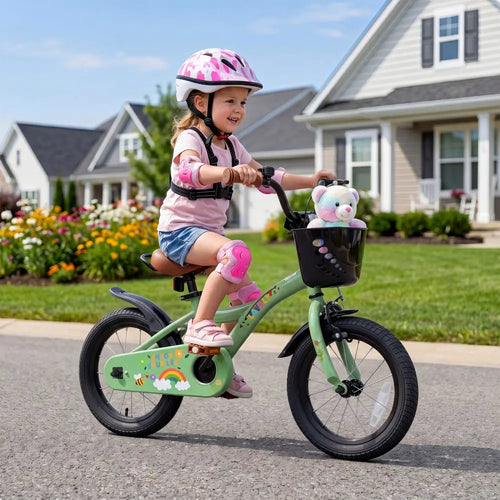 14 Inch Girls Bike for 3-5 Years Old with Basket - Spring Party Green - Green - Kids Bike