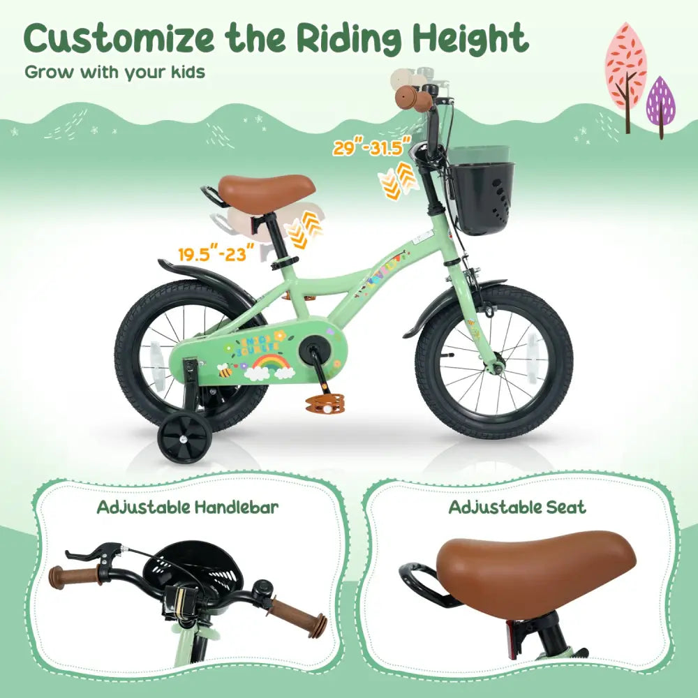 14 Inch Girls Bike for 3-5 Years Old with Basket - Spring Party Green - Green - Kids Bike