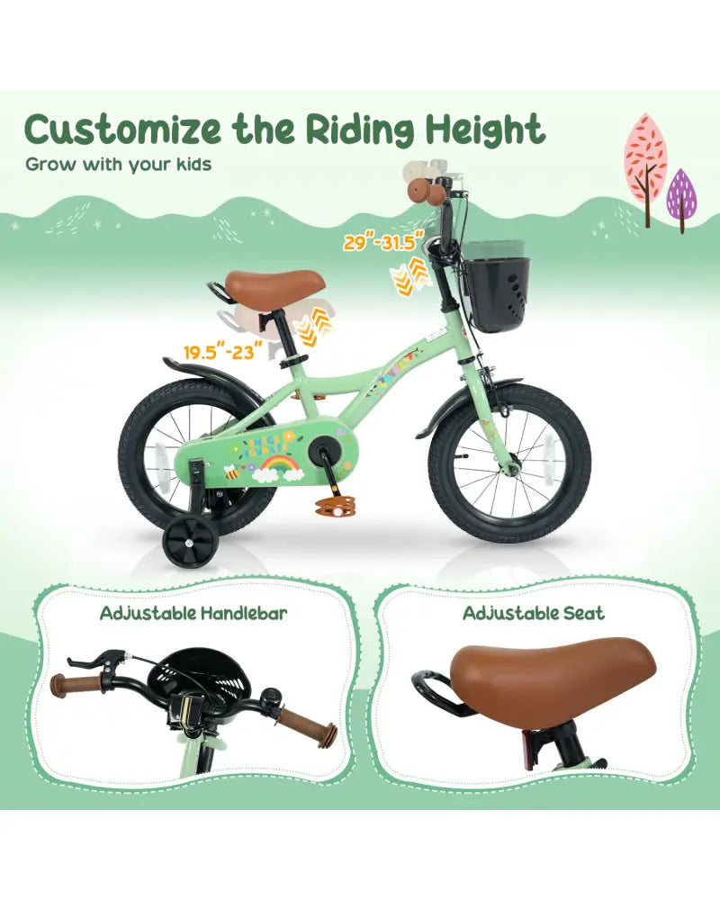 14 Inch Girls Bike for 3-5 Years Old with Basket - Spring Party Green - Green - Kids Bike