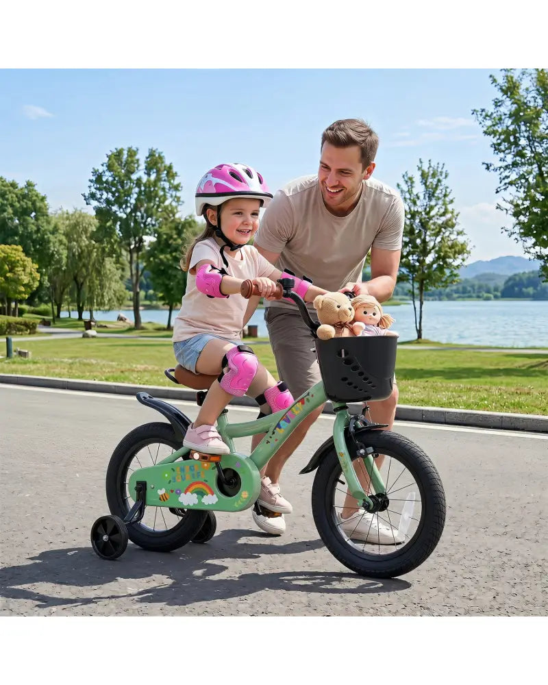 14 Inch Girls Bike for 3-5 Years Old with Basket - Spring Party Green - Green - Kids Bike