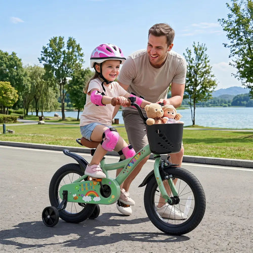 14 Inch Girls Bike for 3-5 Years Old with Basket - Spring Party Green - Green - Kids Bike
