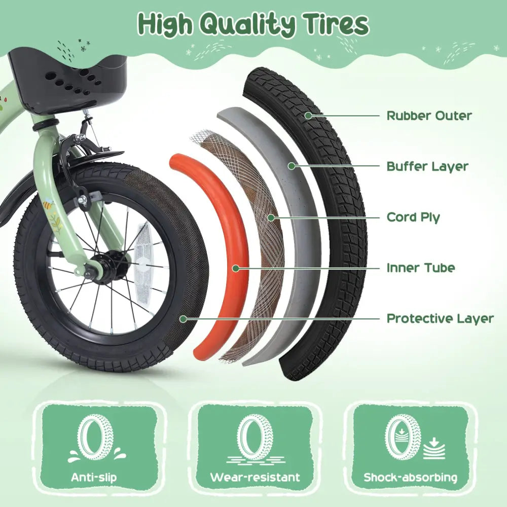 14 Inch Girls Bike for 3-5 Years Old with Basket - Spring Party Green - Green - Kids Bike