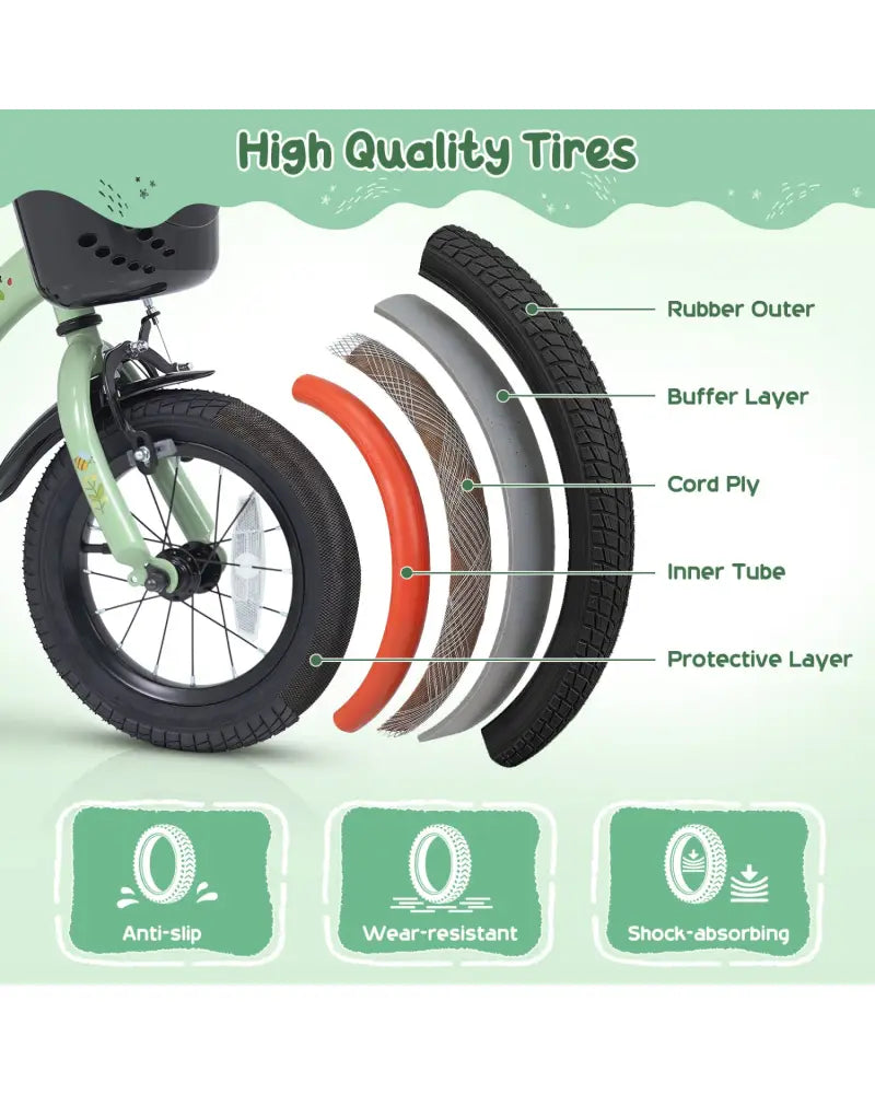 14 Inch Girls Bike for 3-5 Years Old with Basket - Spring Party Green - Green - Kids Bike