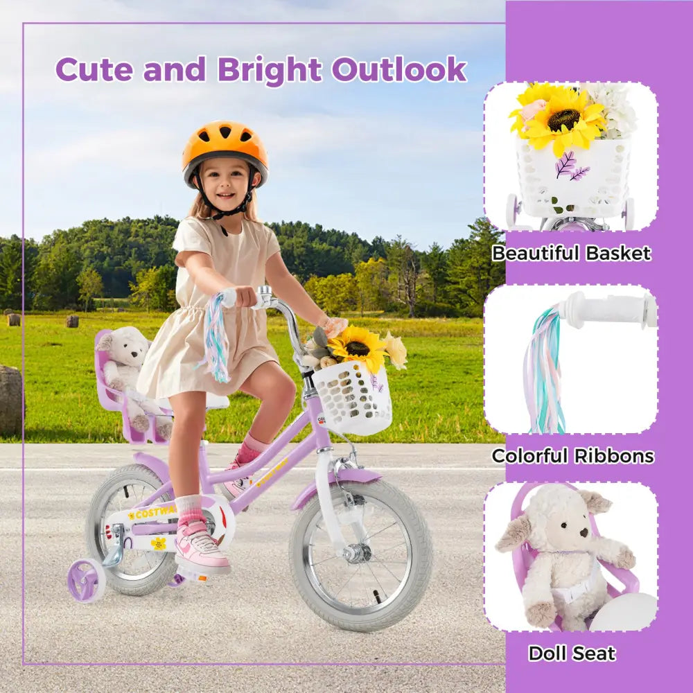 14 Inch Girls Bike Kids Bicycle with Doll Seat and Streamers for Children 3-5 Years Old - Purple - Kids Bike