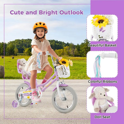 14 Inch Girls Bike Kids Bicycle with Doll Seat and Streamers for Children 3 - 5 Years Old - Oasis Home Essentials