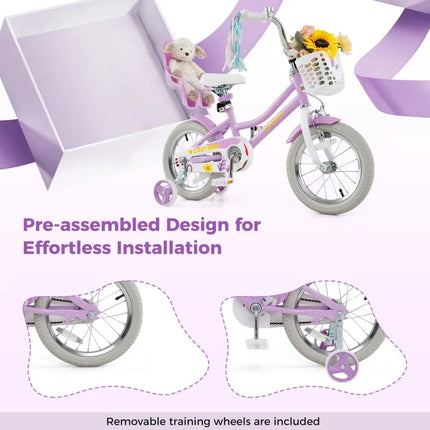 14 Inch Girls Bike Kids Bicycle with Doll Seat and Streamers for Children 3 - 5 Years Old - Oasis Home Essentials