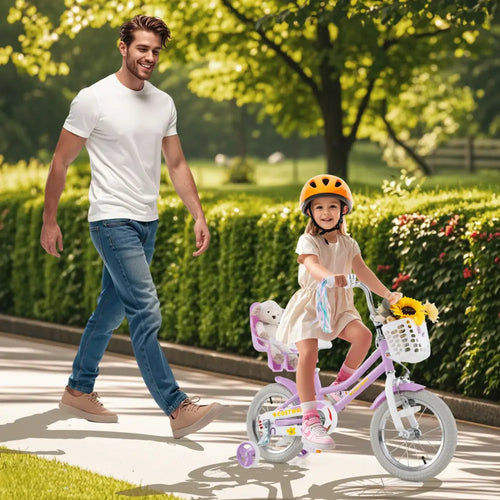 14 Inch Girls Bike Kids Bicycle with Doll Seat and Streamers for Children 3-5 Years Old - Purple - Kids Bike