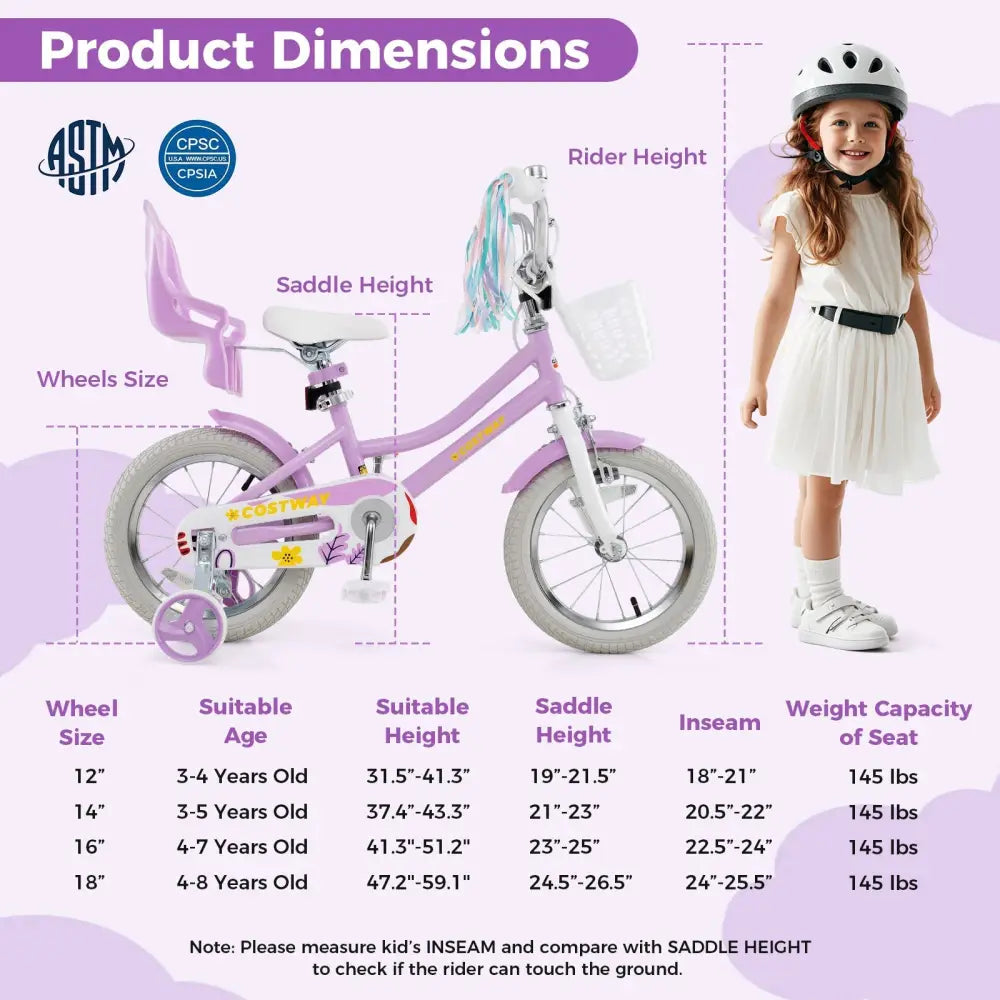 14 Inch Girls Bike Kids Bicycle with Doll Seat and Streamers for Children 3 - 5 Years Old - Oasis Home Essentials