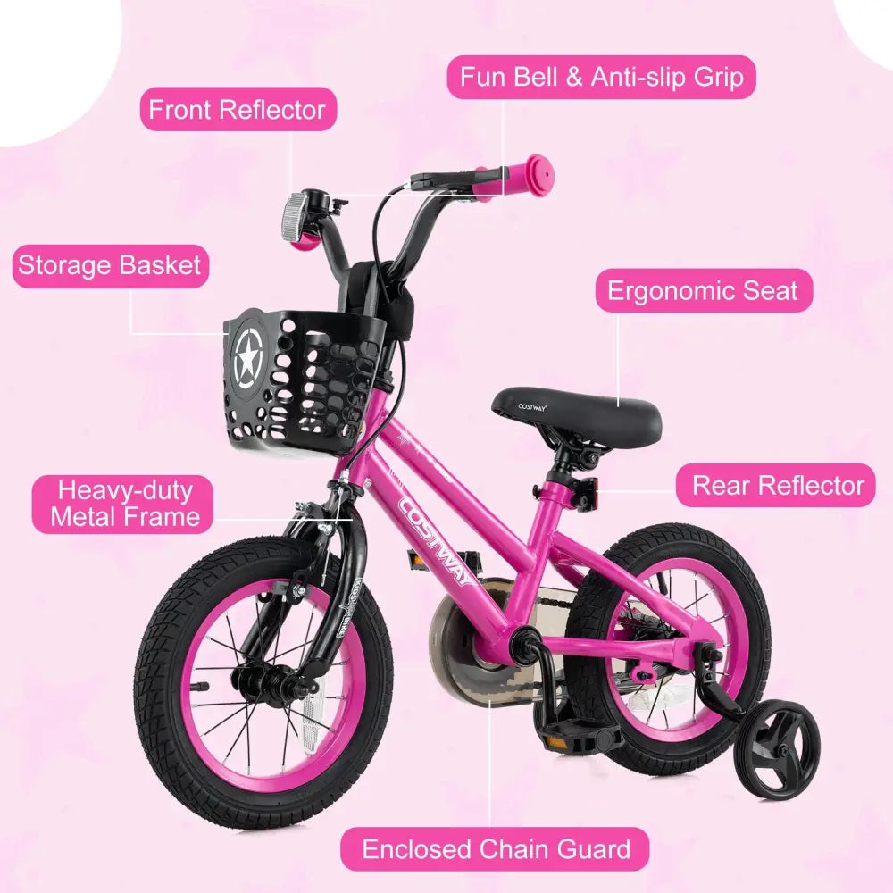 14 Inch Kids Bike Adjustable Bicycle with Front Basket for Children Aged 4-5 Years Old - Pink - Kids Bike